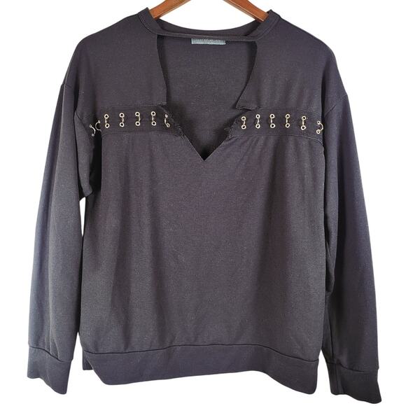 West Coast Love Distressed V-Neck Sweatshirt with Grommets Size S Goth Grunge - Picture 1 of 10